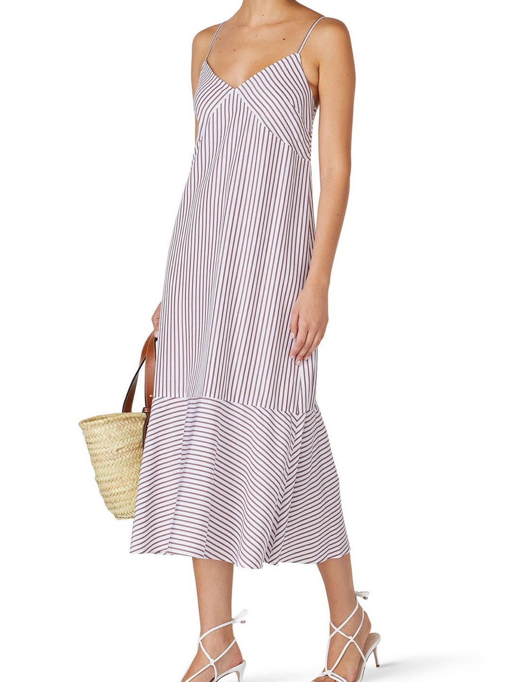 Club Monaco Striped Spaghetti‑Strap Midi Dress in White and Burgundy